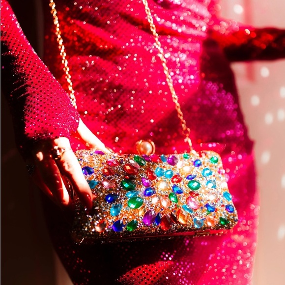 Glam Rhinestone Gold Clutch with Multi-Color Rhinestones - Picture 2 of 3